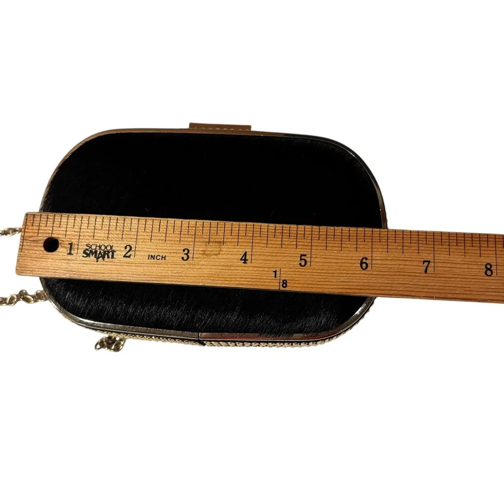 MMS‎ Black Pony Hair Studded Gold Frame Minaudiere Clutch Evening Bag